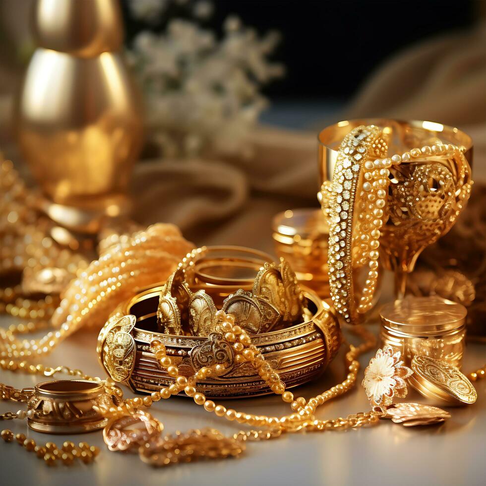 A Gold Jewelry necklace engagement and stone word gold on it photo