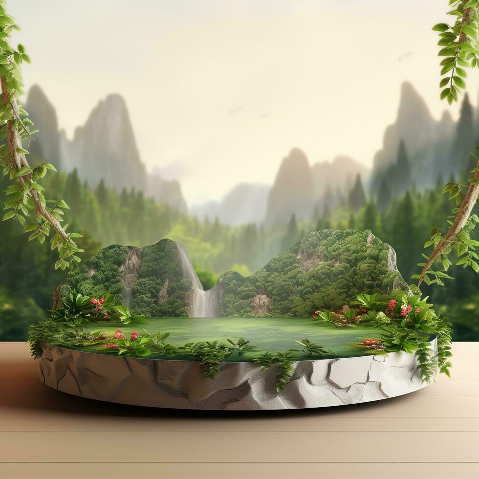 Empty trendy round podium in the forest. Generative AI photo