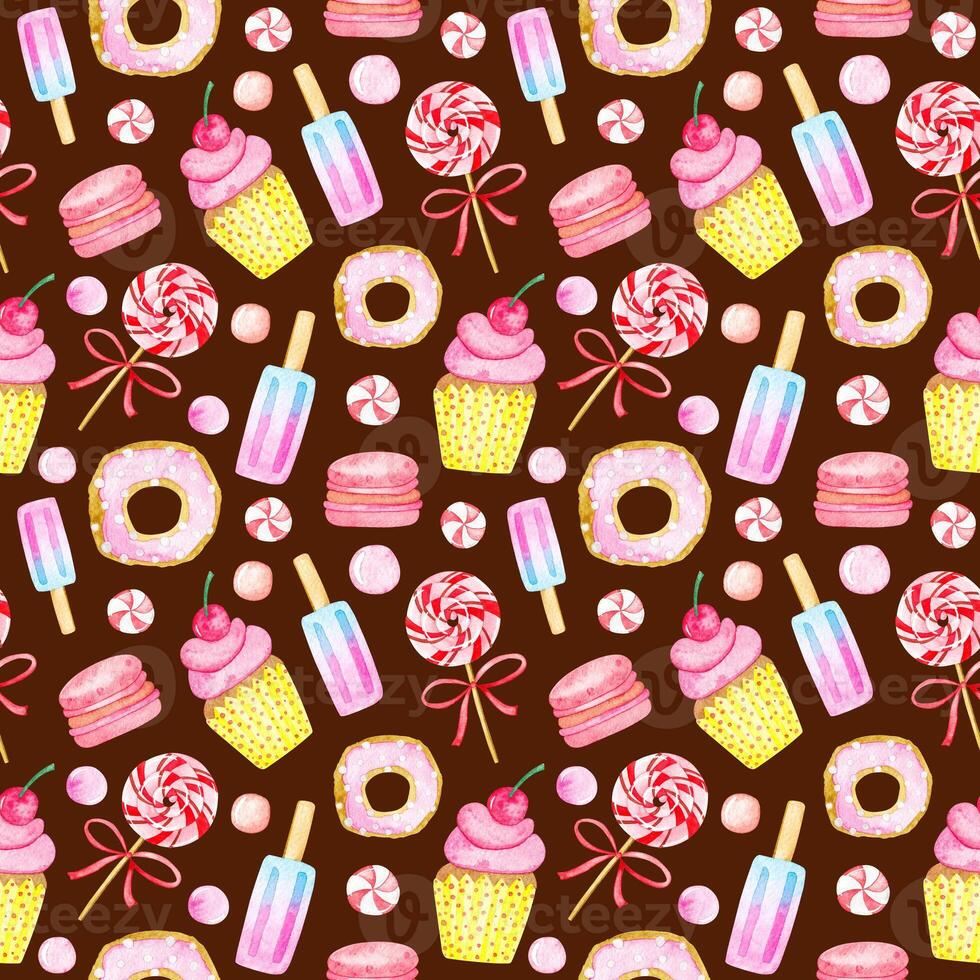 Cute seamless pattern of watercolor sweets. photo