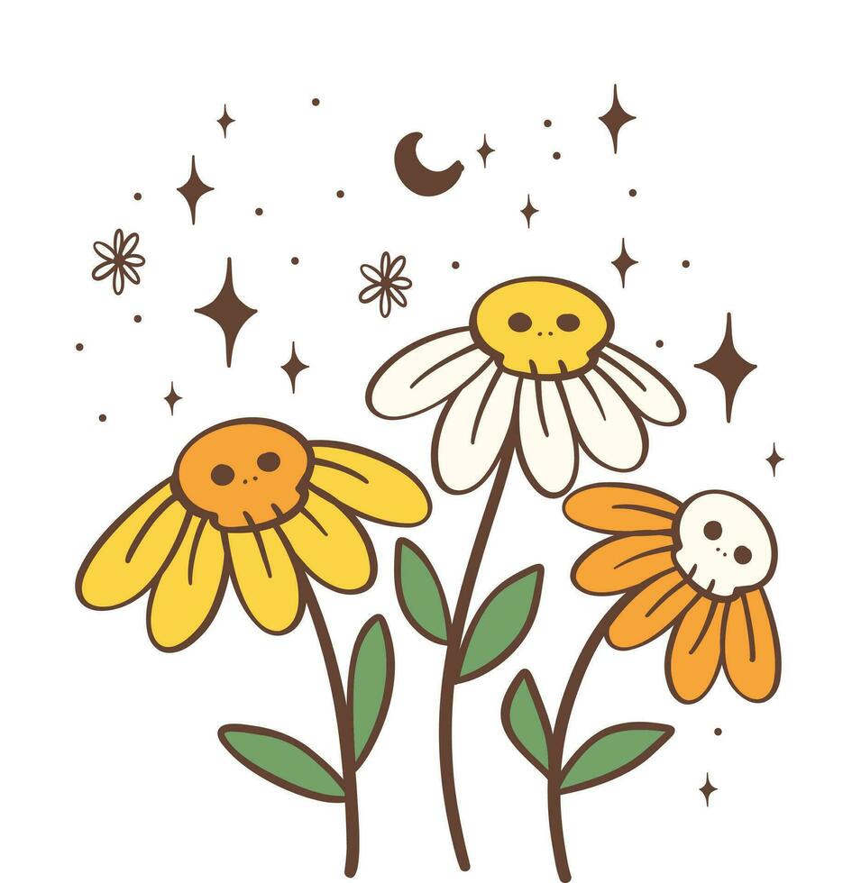 Cute Halloween daisy flower kawaii Retro floral sppky ghost, Cute and creepy, cartoon doodle outline drawing illustration idea for greeting card, t shirt design and crafts. vector