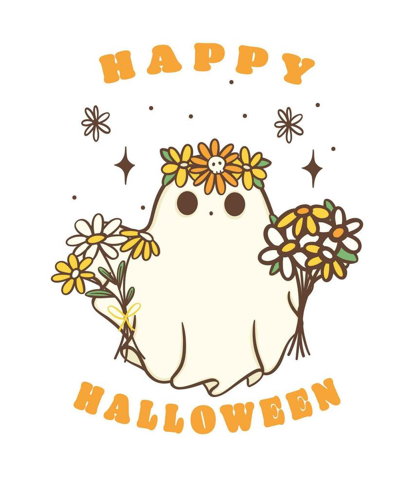 Cute Halloween ghost with daisy flower, kawaii Retro floral sppky ghost, Happy Halloween, cartoon doodle outline drawing illustration idea for greeting card, t shirt design and crafts. vector