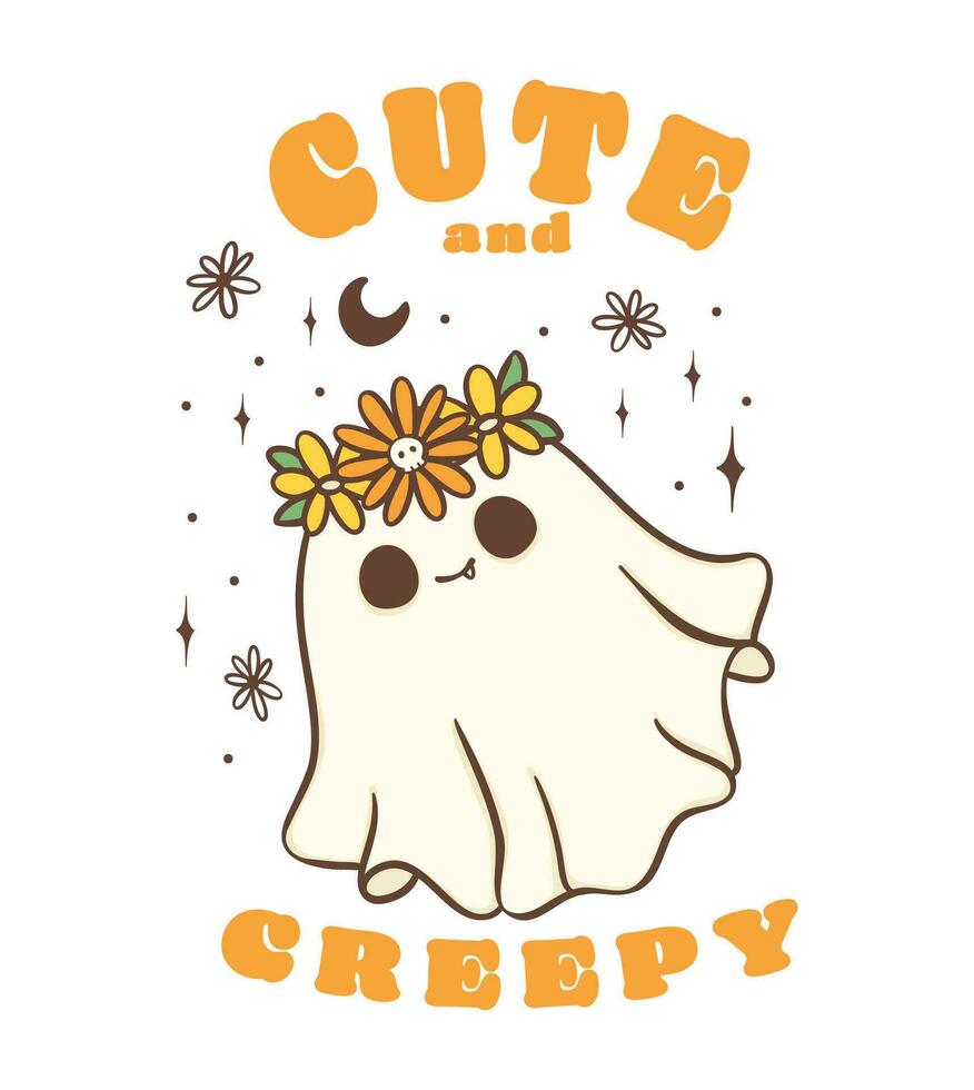 Cute Halloween ghost with daisy flower crwon, kawaii Retro floral sppky ghost, Cute and creepy, cartoon doodle outline drawing illustration idea for greeting card, t shirt design and crafts. vector