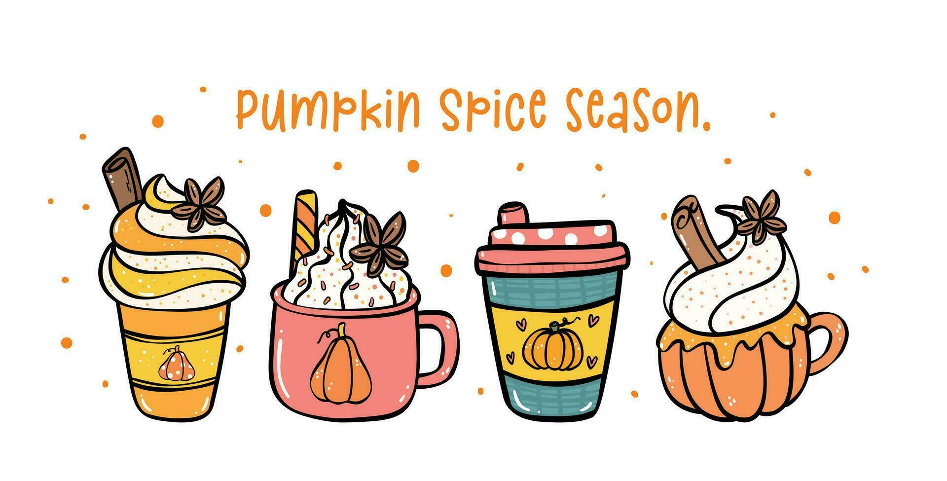 Pumpkin Spice Drink Collection Cartoon Doodles banner. vector