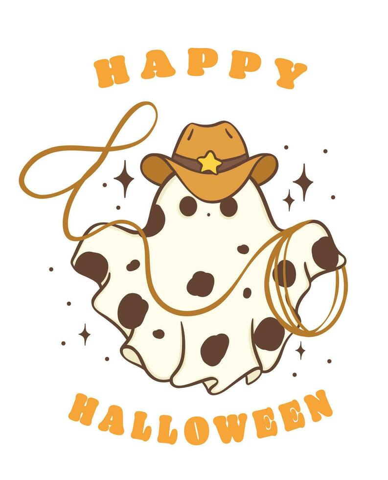 Cute Halloween Cowboy Ghost. Adorable Kawaii Cartoon Doodle Illustration. Happy Halloween greeting card. vector