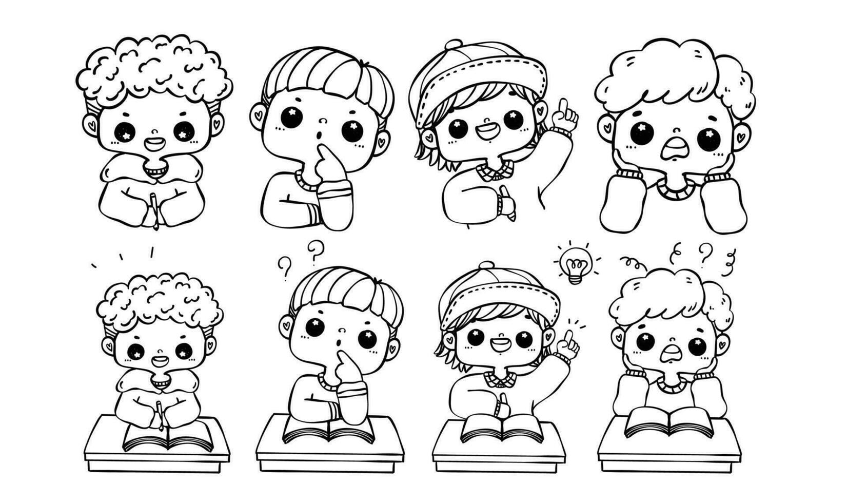 A diverse group of students in various emotional states engaged in a study session cartoon doodle outline hand drawing. vector