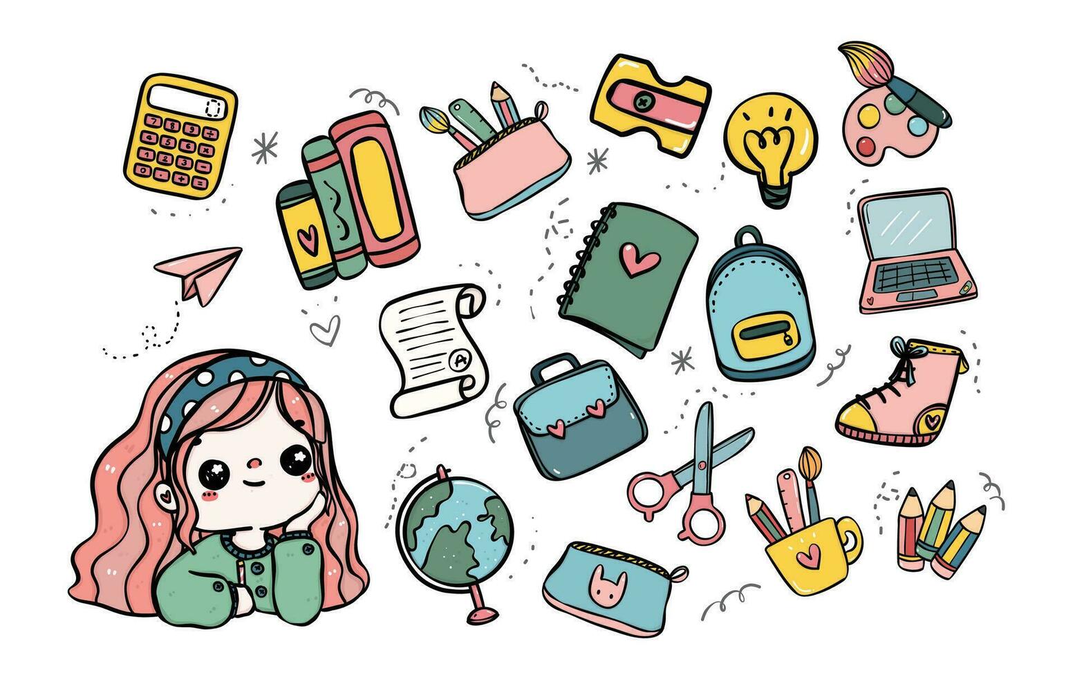 Cute Doodle Student Girl with School Supplies. Back to School Fun vector