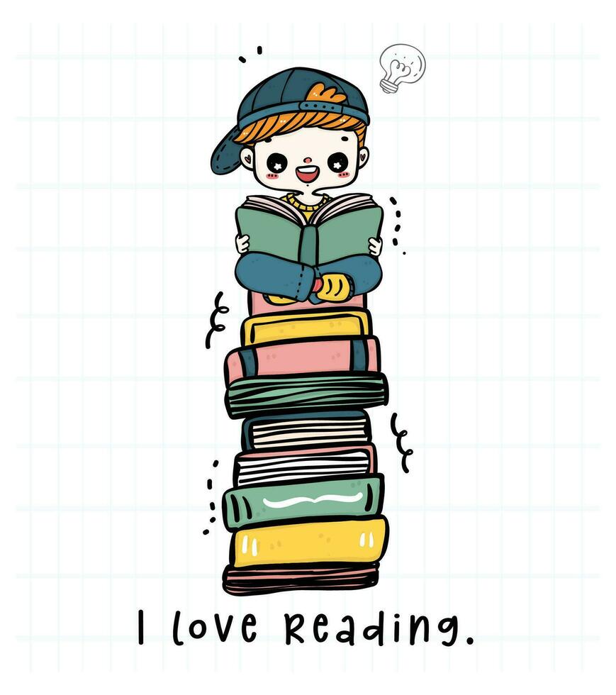 Excited Student boy Reading Book on Stack of Books. Back to School Illustration vector