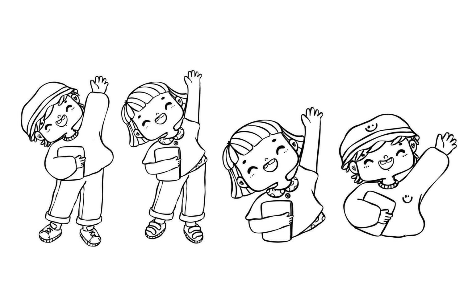 Happy Students Raising Hands with Books. cheerful Back to School Doodle Sketch vector