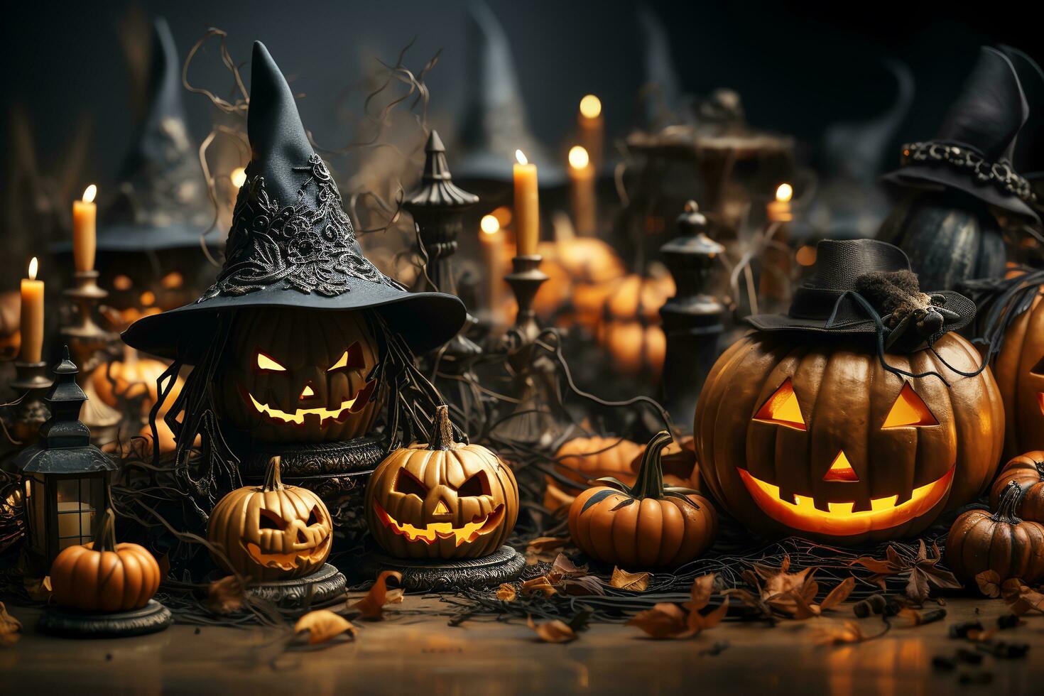 Halloween background with pumpkins and bats Generate AI photo