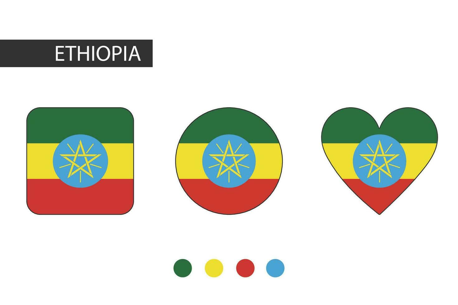Ethiopia 3 shapes square, circle, heart with city flag. Isolated on white background. vector