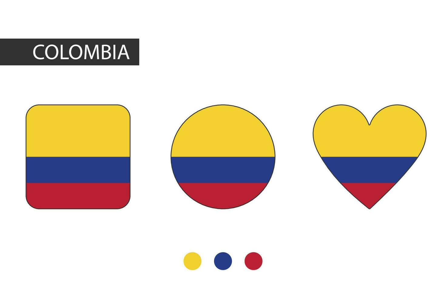 Colombia 3 formas cuadrado, círculo, corazón con ciudad bandera. aislado en blanco antecedentes. vector