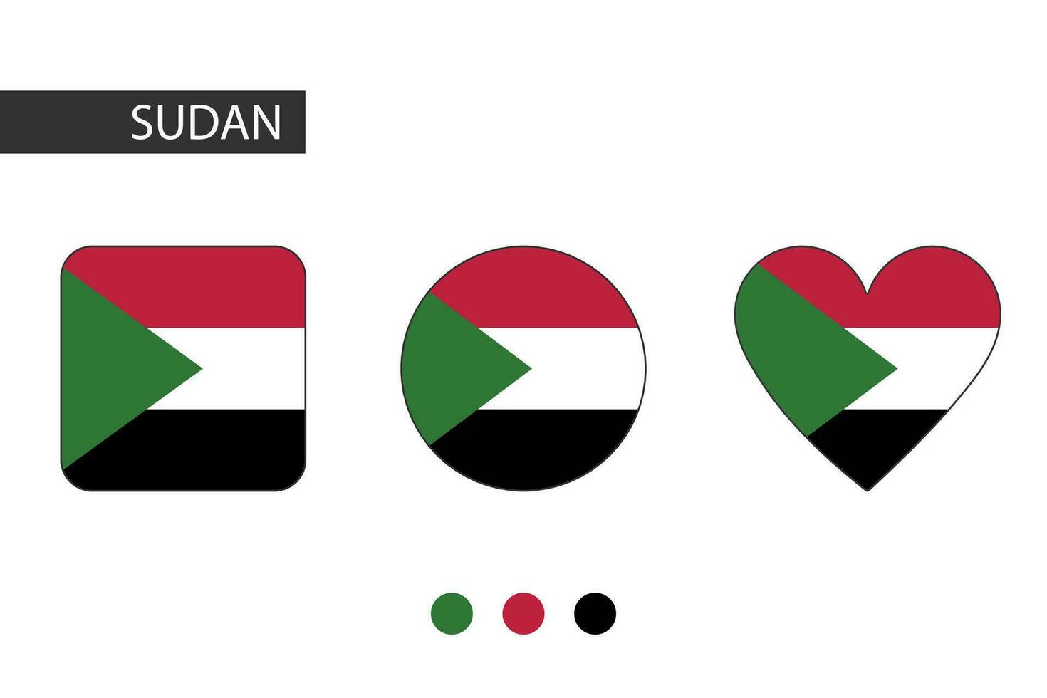 Sudan 3 shapes square, circle, heart with city flag. Isolated on white background. vector