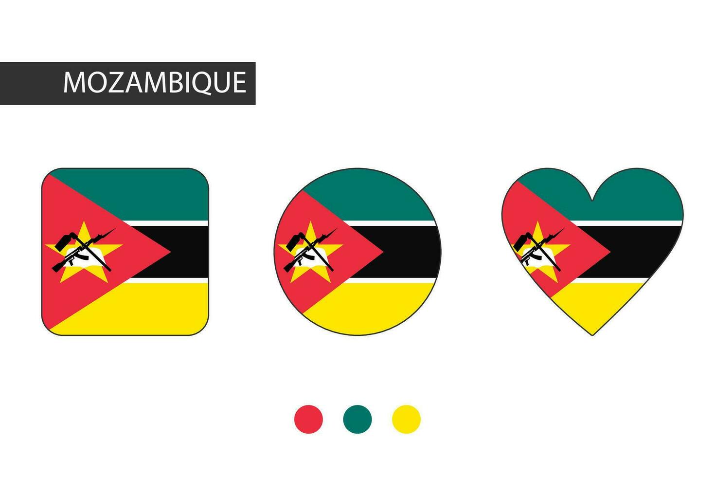 Mozambique 3 shapes square, circle, heart with city flag. Isolated on white background. vector