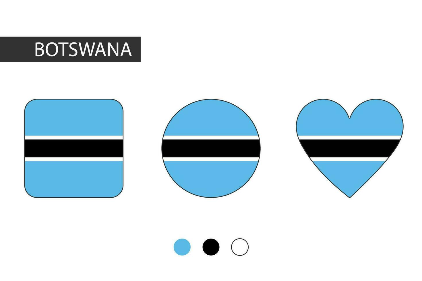 Botswana 3 shapes square, circle, heart with city flag. Isolated on white background. vector