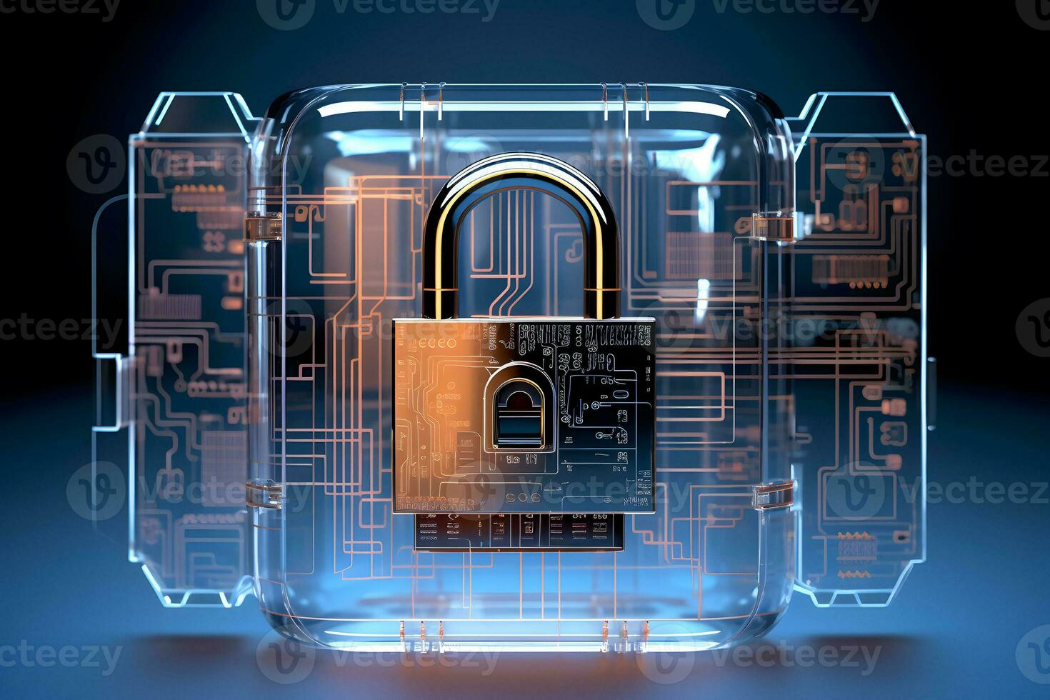 Lock with circuit pattern. Concept of data security, cybersecurity, cyber defense, etc. photo