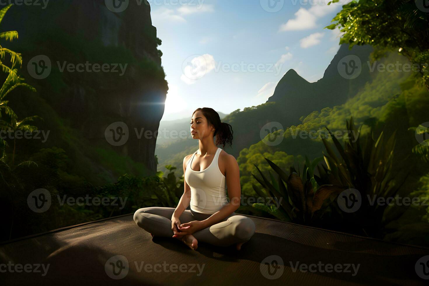 Young woman doing yoga outdoor. Background of beautiful mountains photo