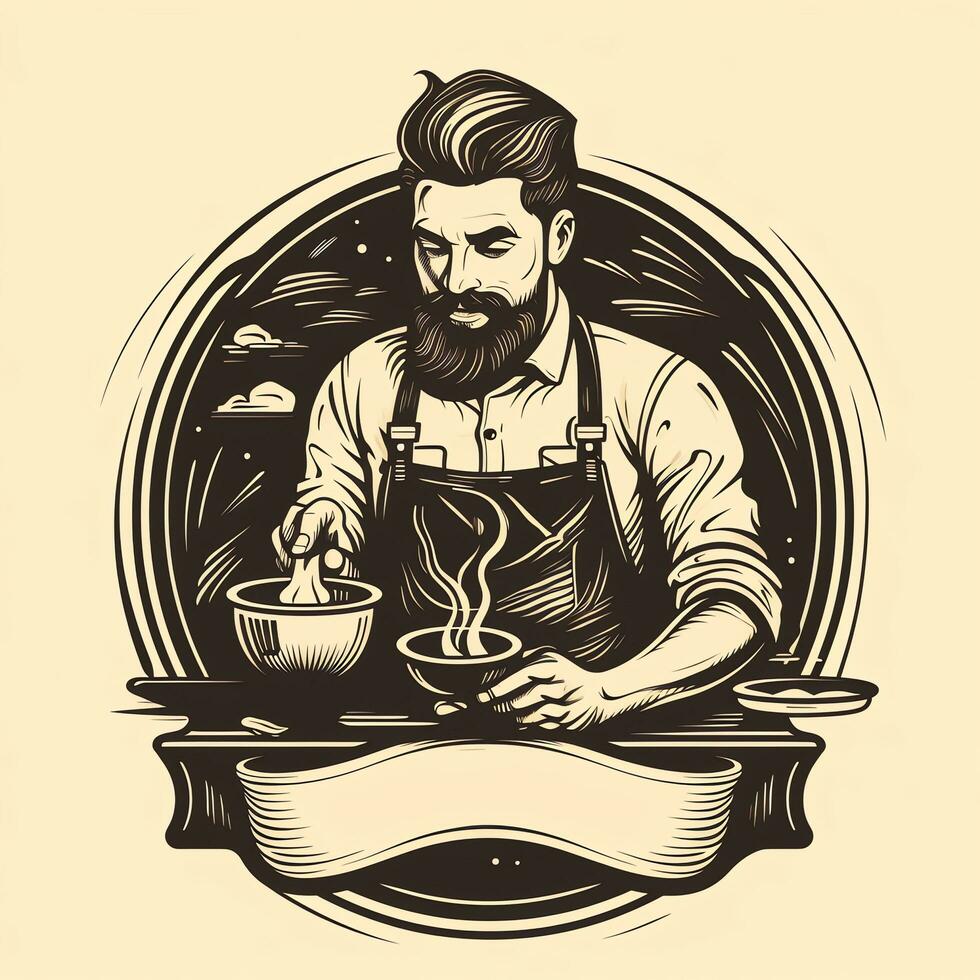 Male barista illustration Coffee shop logo Black and white Generate AI photo