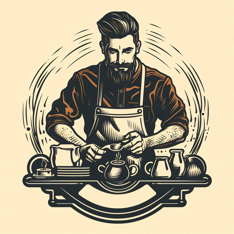 Male barista illustration Coffee shop logo Black and white Generate AI photo