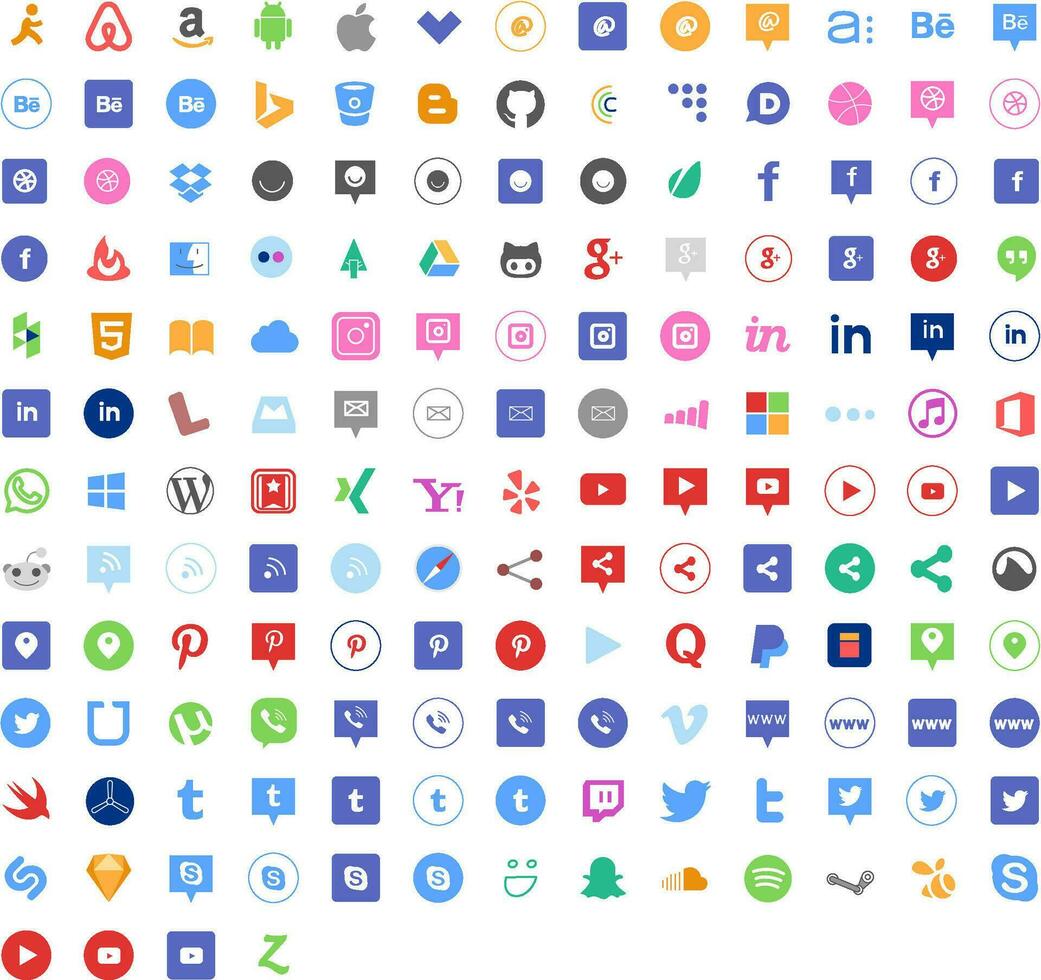 Popular Social Media Icons or Logo Set Collection. Facebook, Instagram, Twitter, Youtube, Pinterest, Behance, Google, Linkedin, Whatsapp. Editorial Resizable Vector Illustration Design.