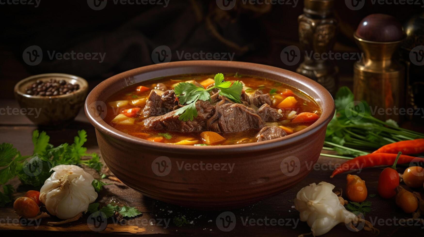 A bowl of oxtail soup on black background photo