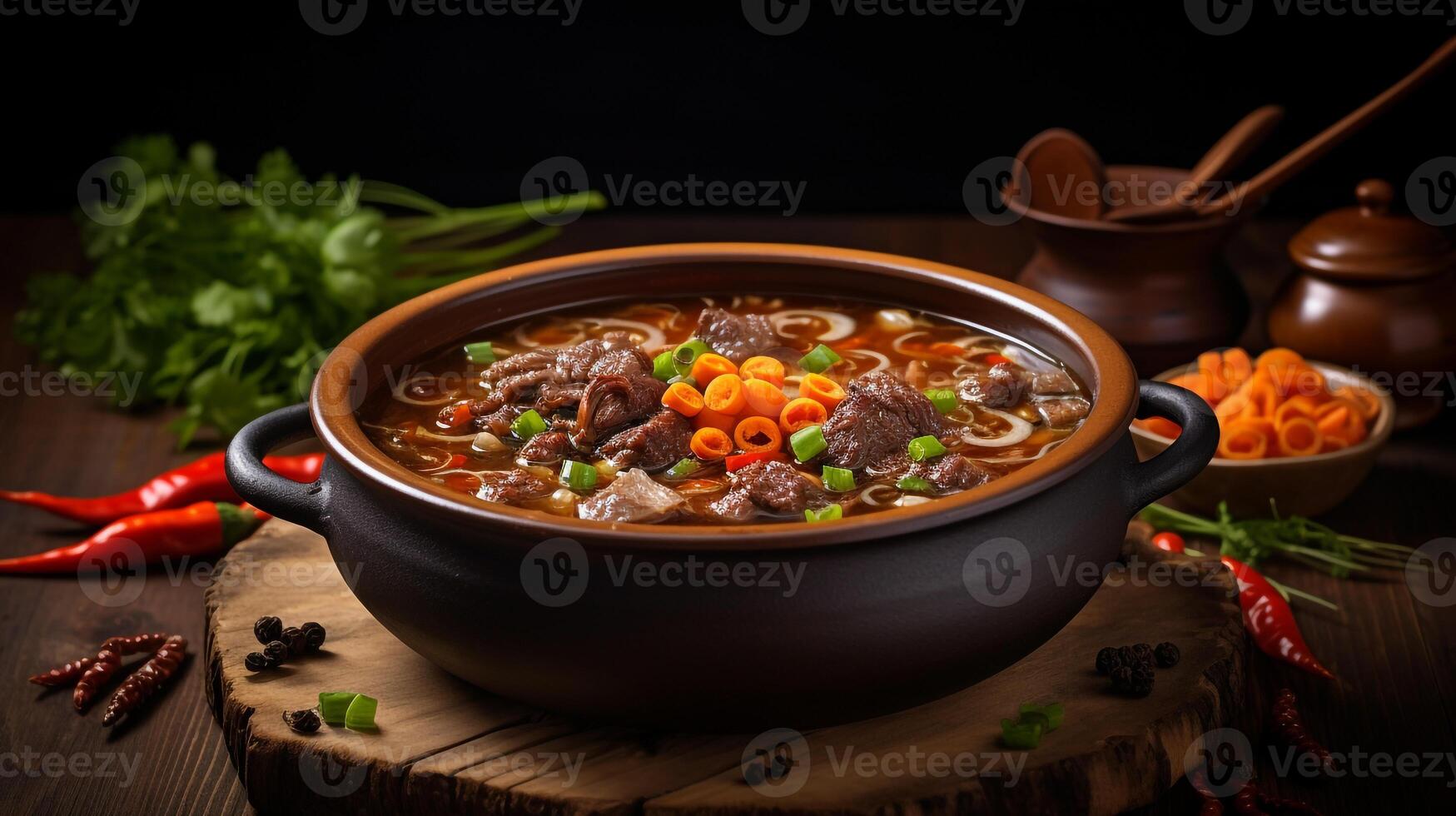 A bowl of oxtail soup on black background photo