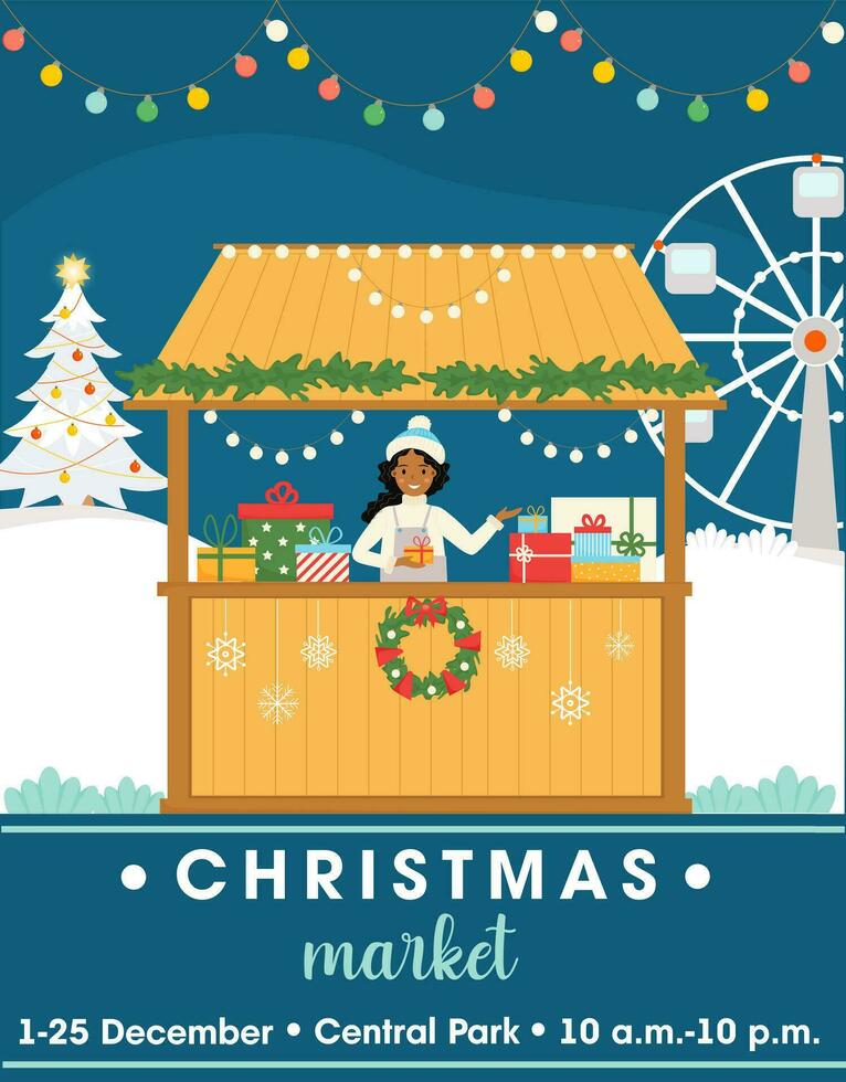 Christmas market advertising poster. Young  african american woman sells gifts at the kiosk. Christmas market. Market in the square. Vector illustration for poster, flyer, invitation.