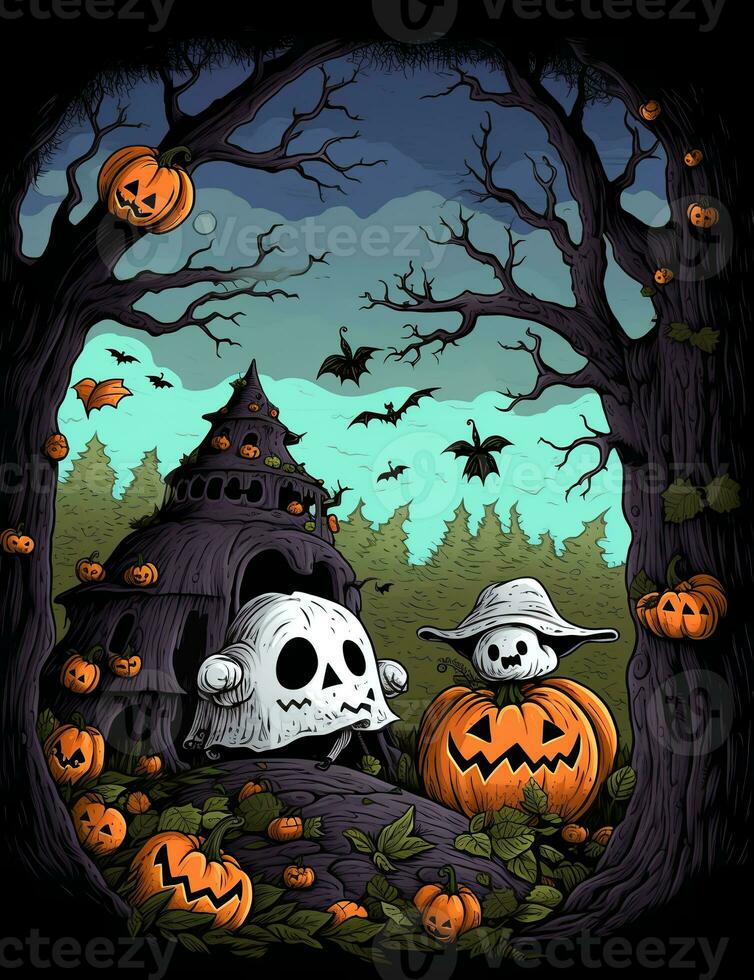 Halloween ghost with pumpkins. Cute cartoon children's illustration of a ghost with pumpkins. AI Generated photo