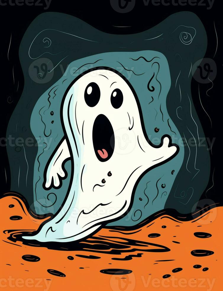 Halloween ghost with pumpkins. Cute cartoon children's illustration of a ghost with pumpkins. AI Generated photo