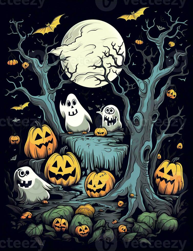 Halloween ghost with pumpkins. Cute cartoon children's illustration of a ghost with pumpkins. AI Generated photo