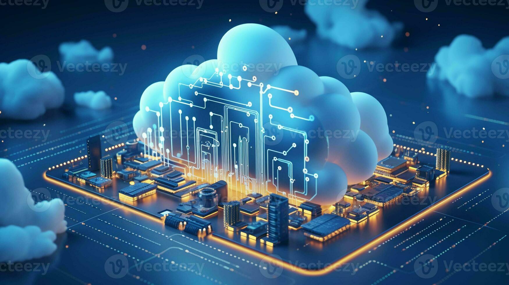 3D render of cloud computing network. Digital technology concept photo