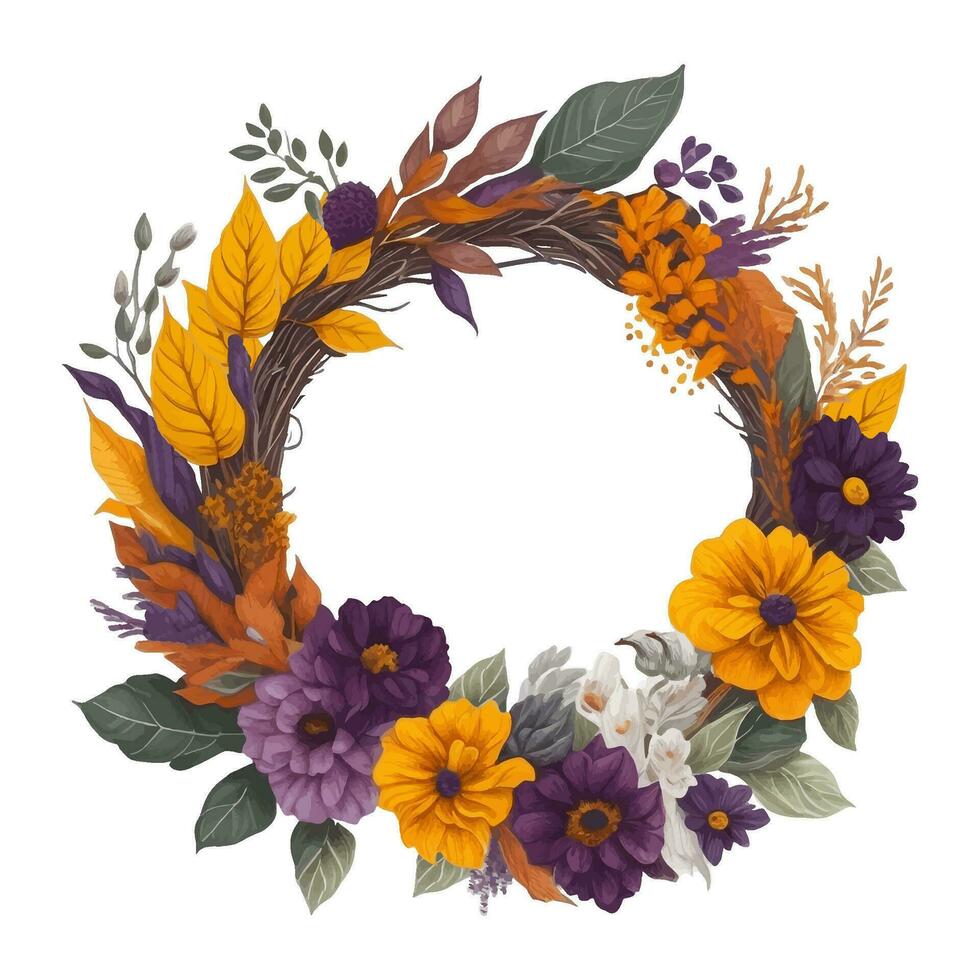 Botanical autumn wreath for seasonal holidays.Thanksgiving,day of the dead,Halloween.Isolated illustration.Generated Ai vector