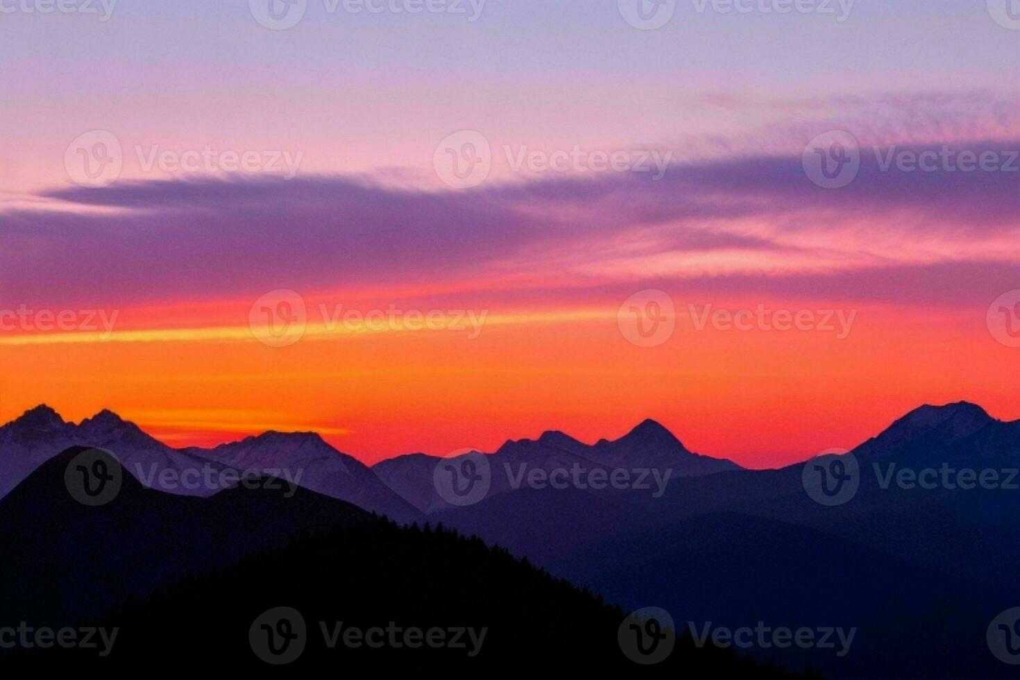 mountain silhouettes at sunset. AI Generative Pro Photo