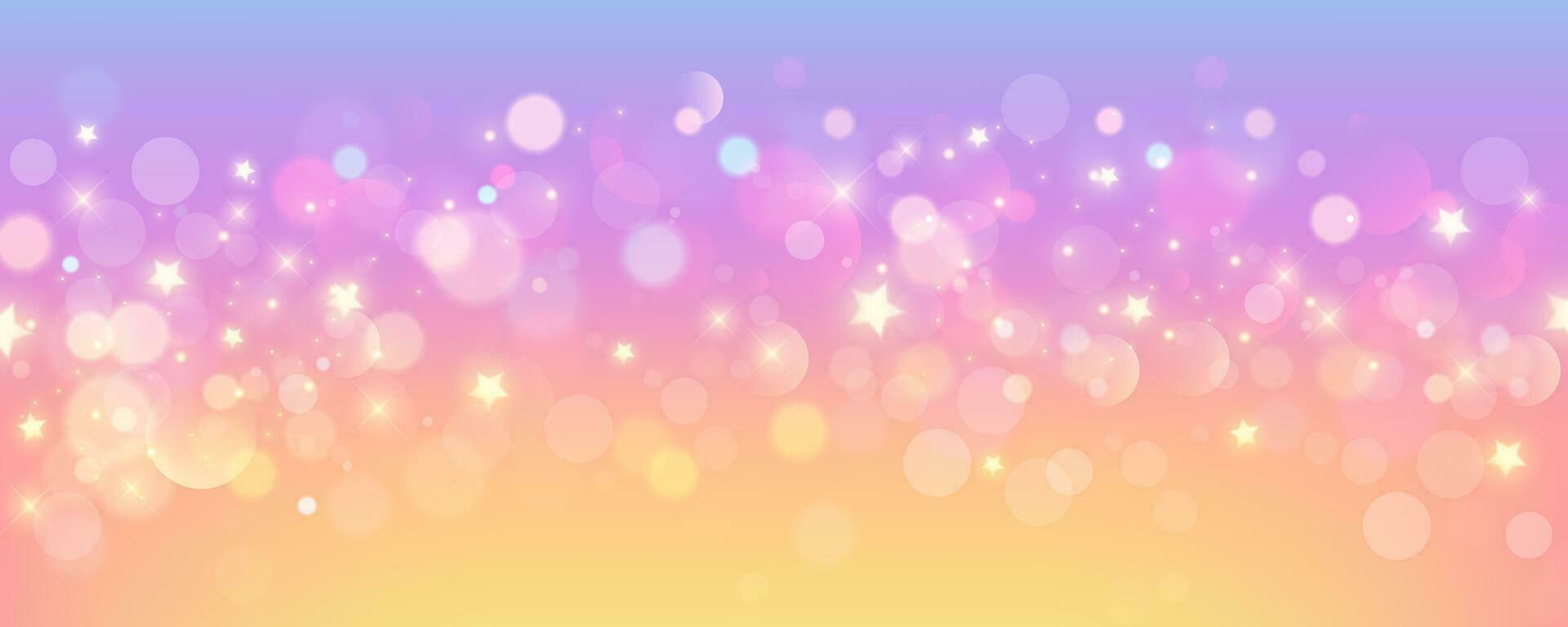 Rainbow unicorn pastel background with glitter stars. Pink fantasy sky. Holographic space with bokeh. Fairy iridescent gradient backdrop. Vector