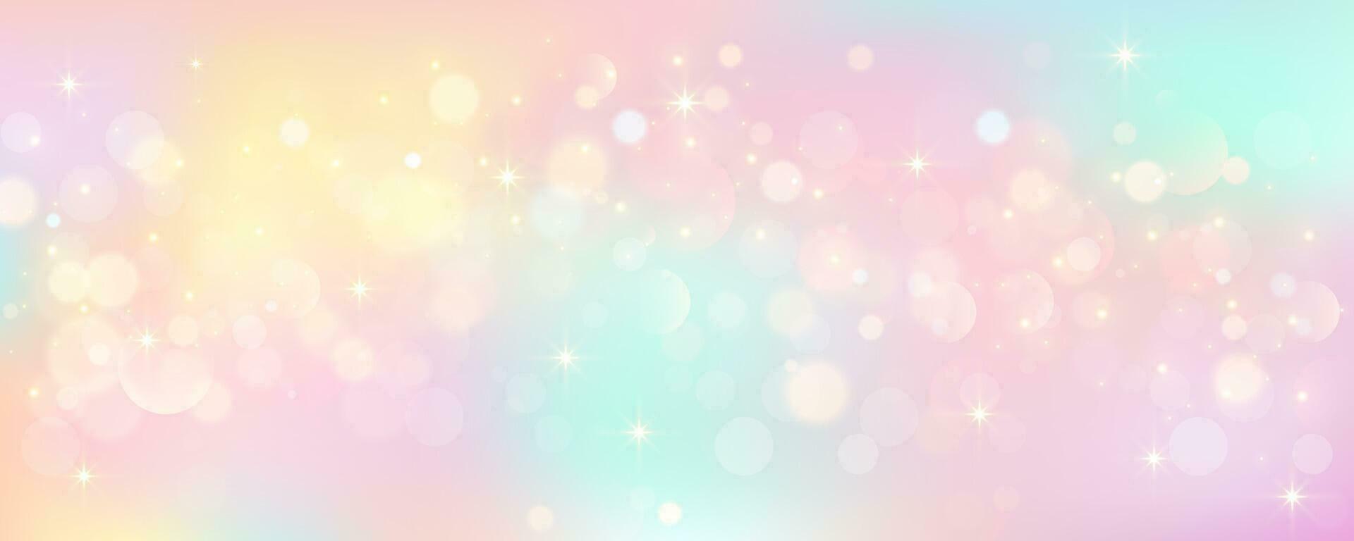 Rainbow unicorn pastel background with glitter stars. Pink fantasy sky. Holographic space with bokeh. Fairy iridescent gradient backdrop. Vector