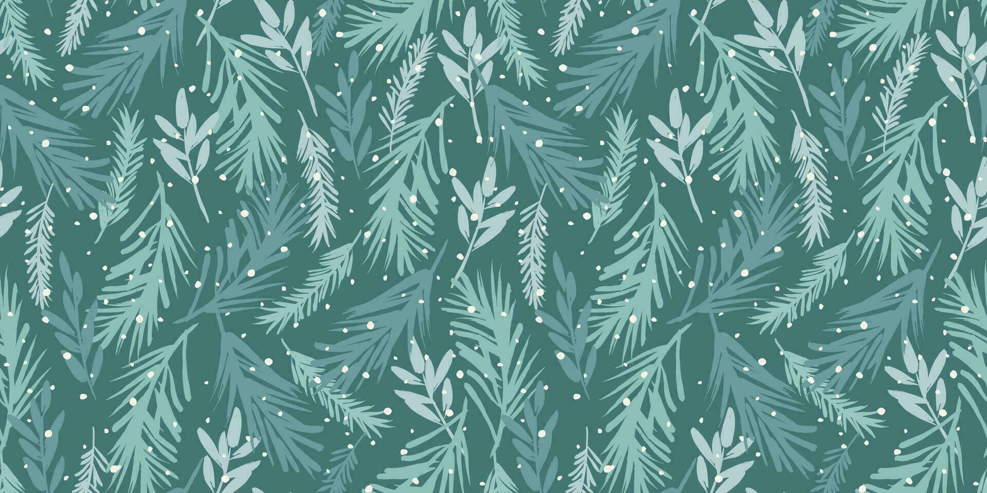 Christmas and Happy New Year seamless pattern. Spruce branches, snowflakes, snow. Trendy retro style. Vector design template.