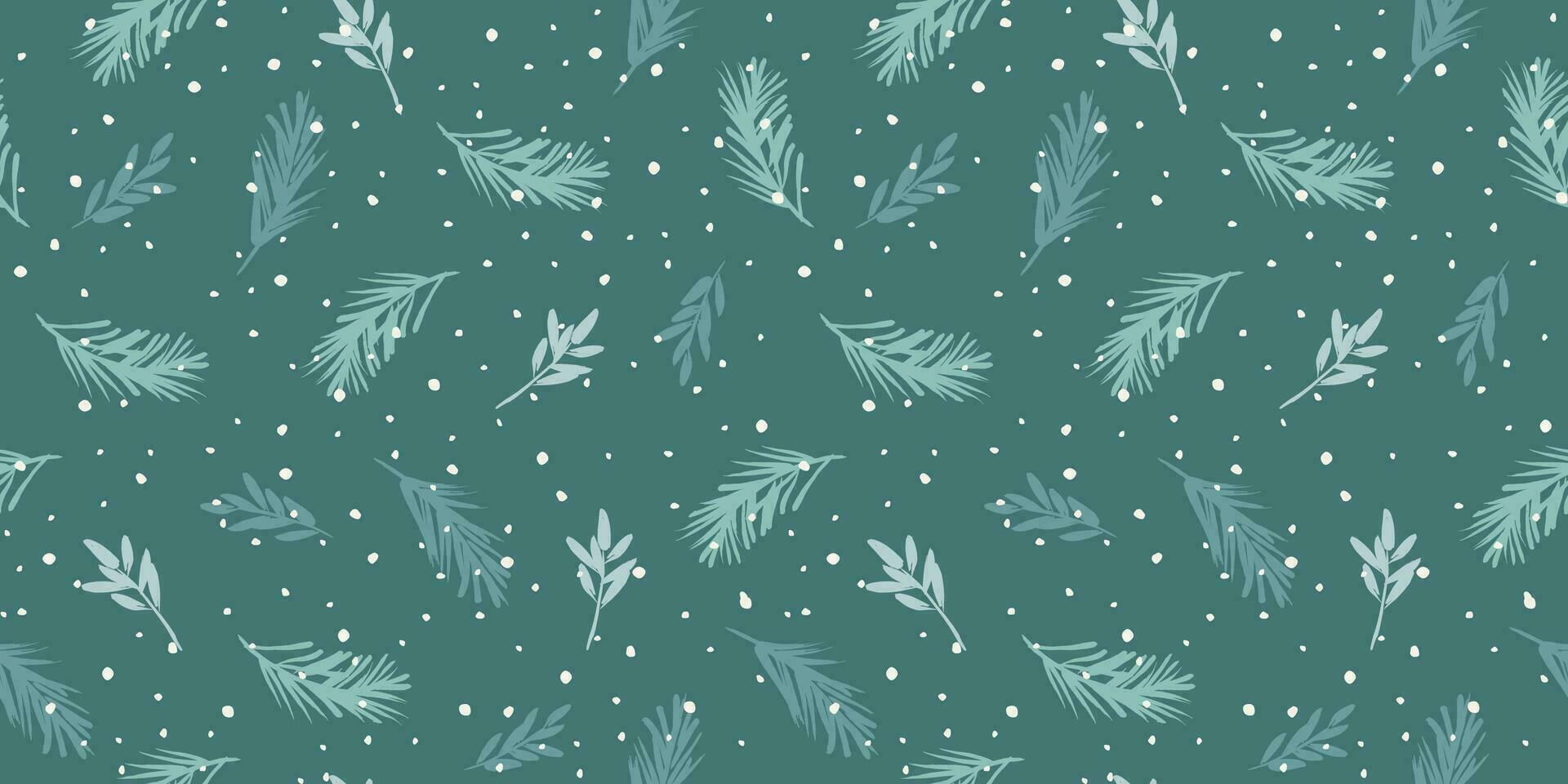 Christmas and Happy New Year seamless pattern. Spruce branches, snowflakes, snow. Trendy retro style. Vector design template.