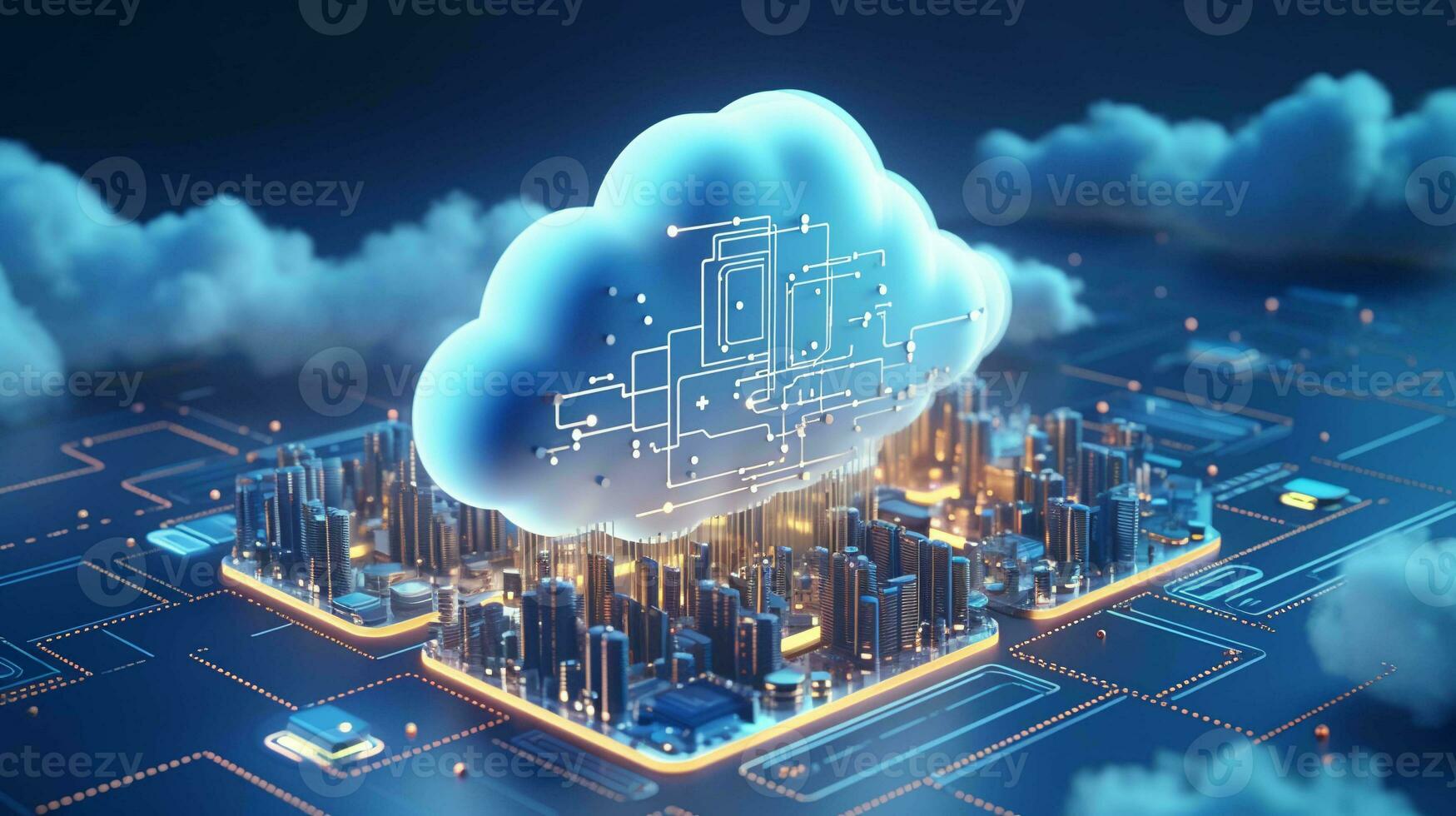 3D render of cloud computing network. Digital technology concept photo