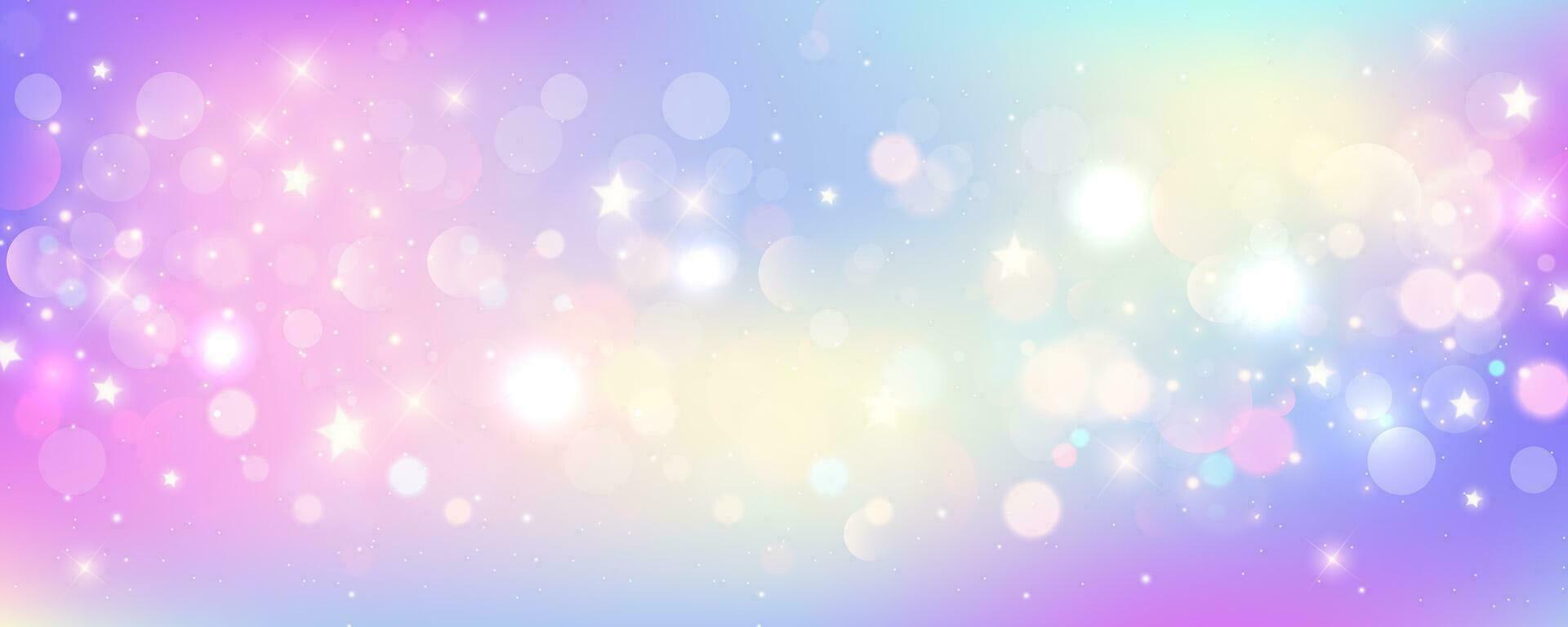 arco iris unicornio antecedentes. pastel fantasía cielo con bokeh y estrellas. magia holográfico galaxia. mármol kawaii textura. vector cósmico nena fondo de pantalla.