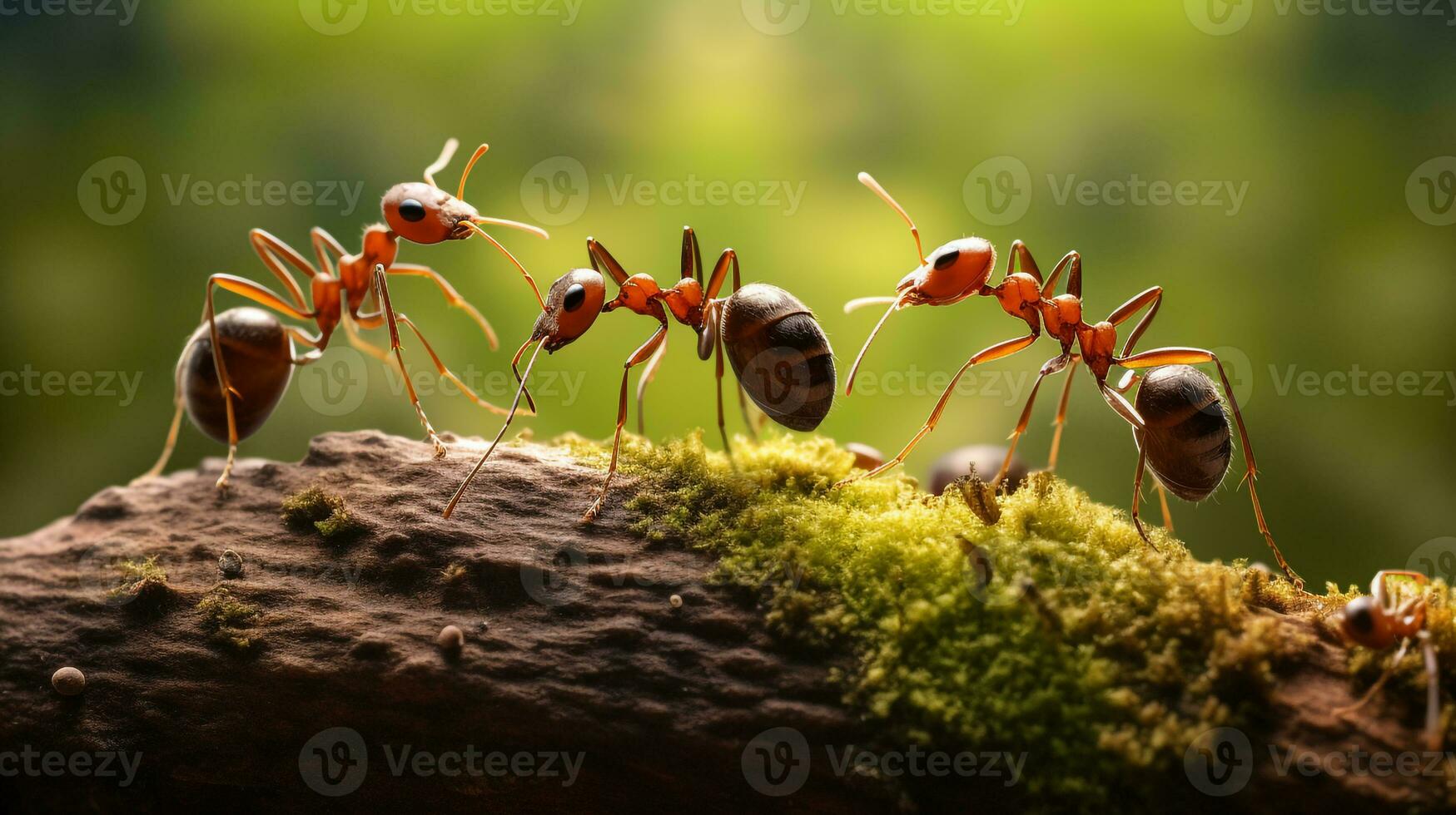 Macro photo of ants on mossy wood in rainy forest AI generative