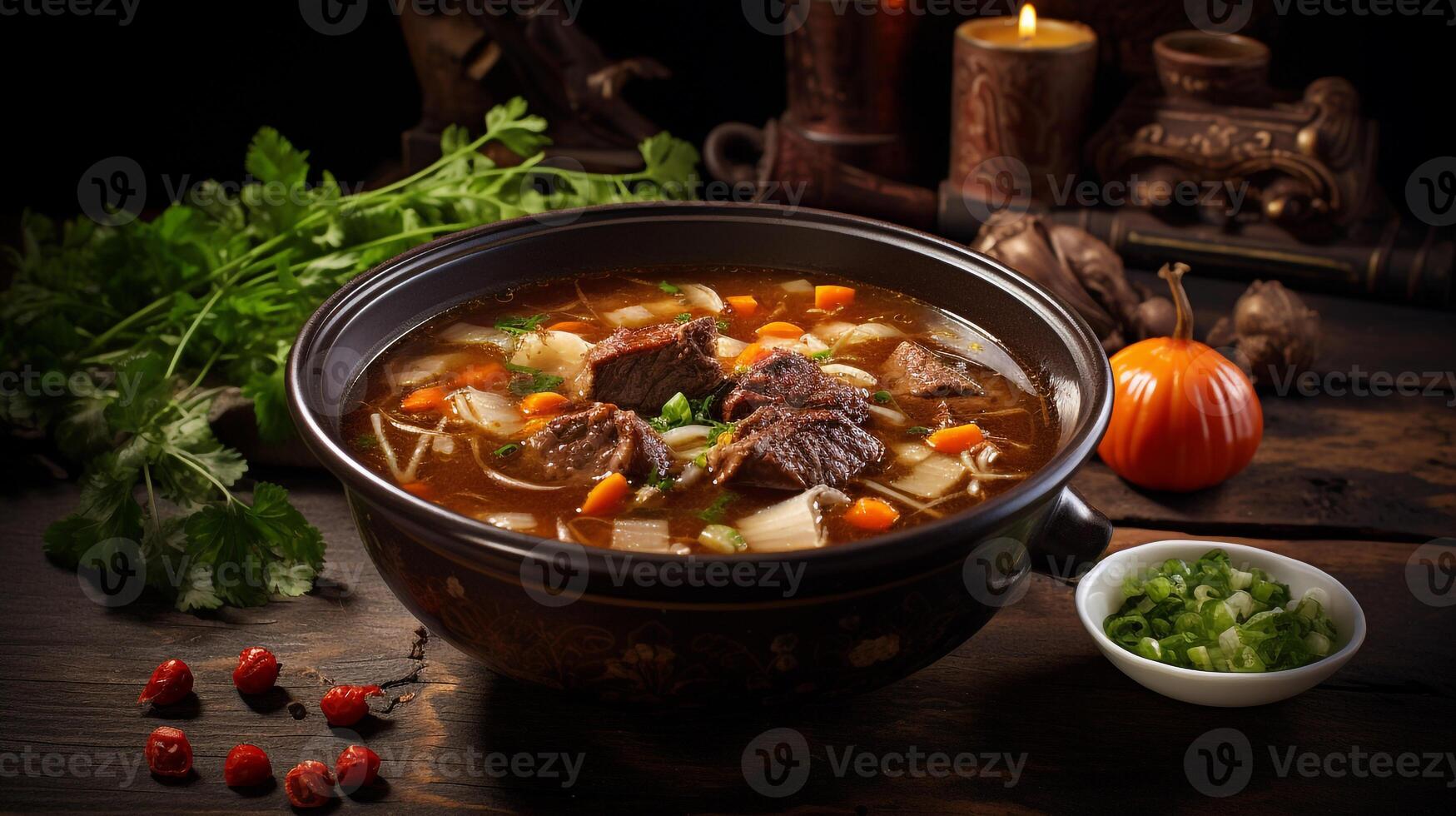 A bowl of oxtail soup on black background photo