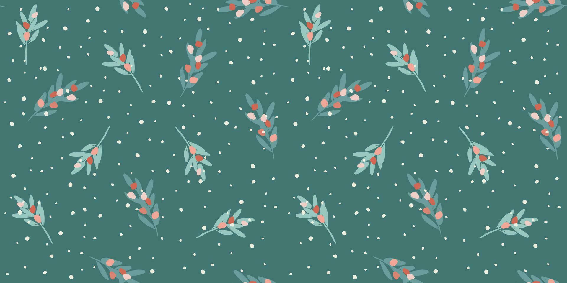 Christmas and Happy New Year seamless pattern. Branches, leaves, berries, snowflakes. New Year symbols.Trendy retro style. Vector design template.
