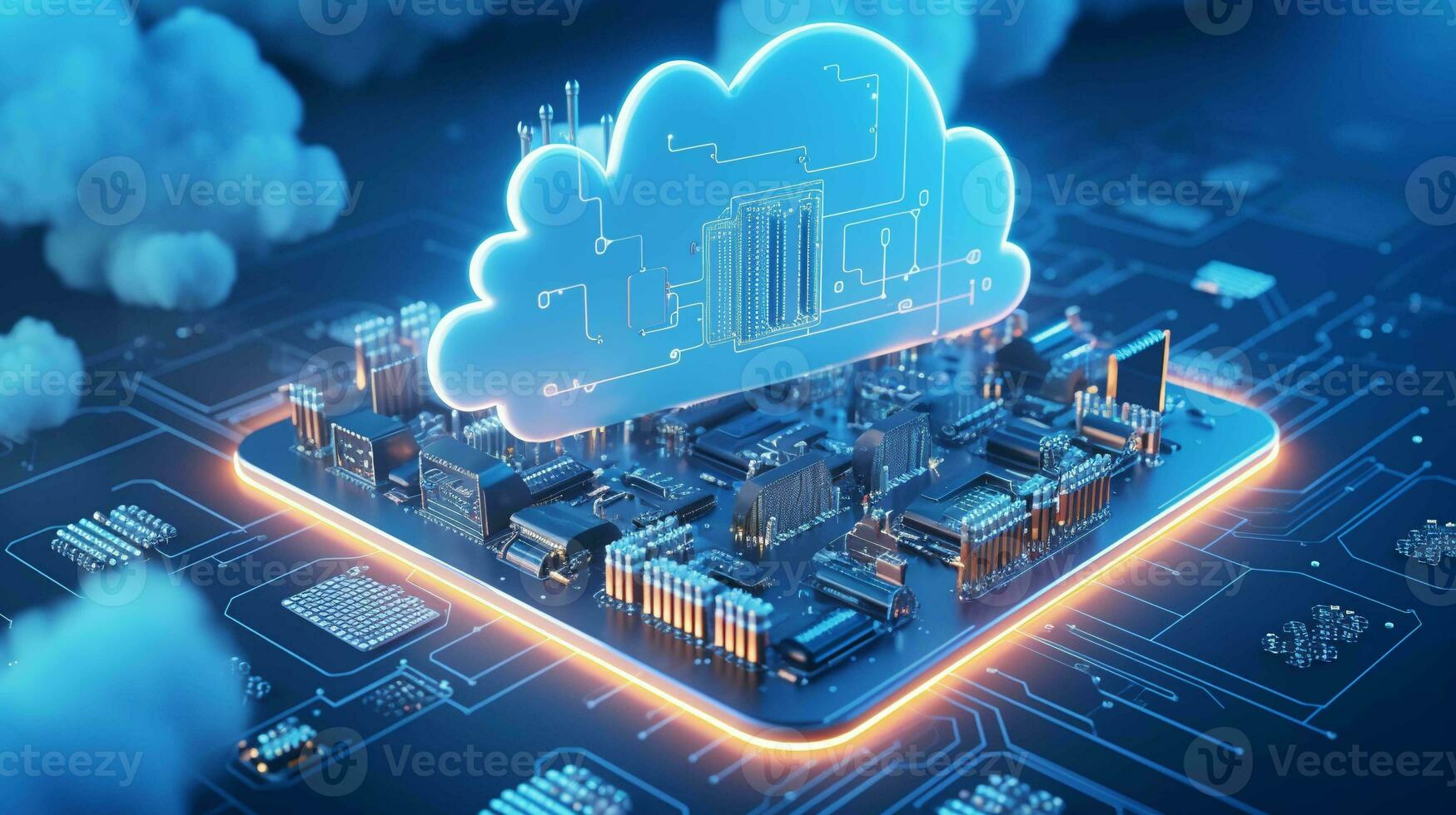3D render of cloud computing network. Digital technology concept photo