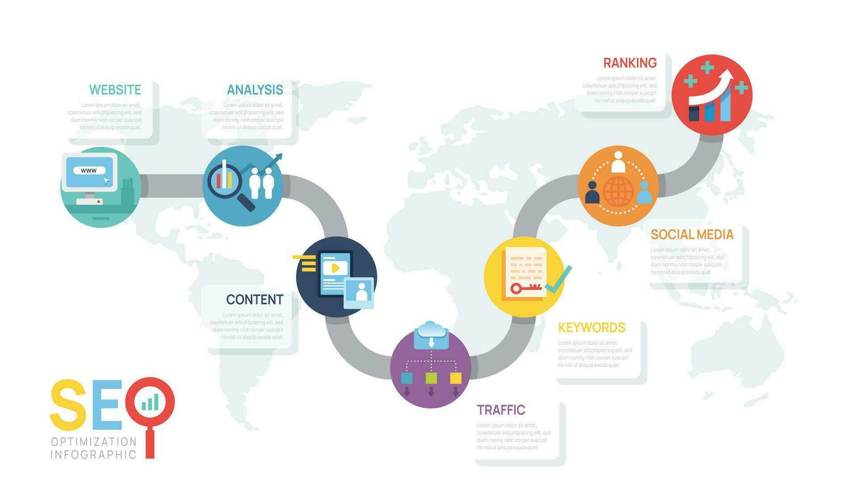 Infographic template seo optimization diagram presentation banner template. SEO Digital presentation layout. 7 option chart steps. vector