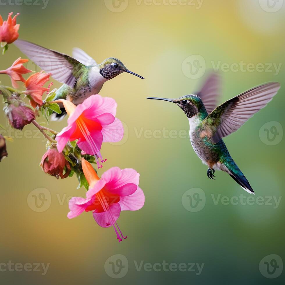 A couple humming bird and flower AI generative photo