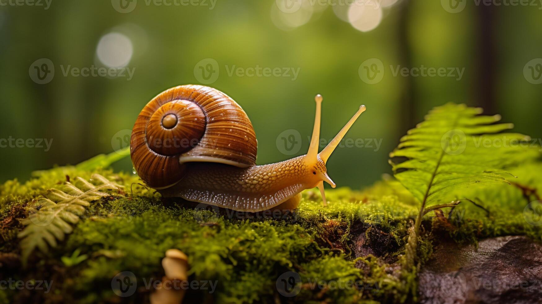 Macro photo of snail on mossy wood in rainy forest AI generative