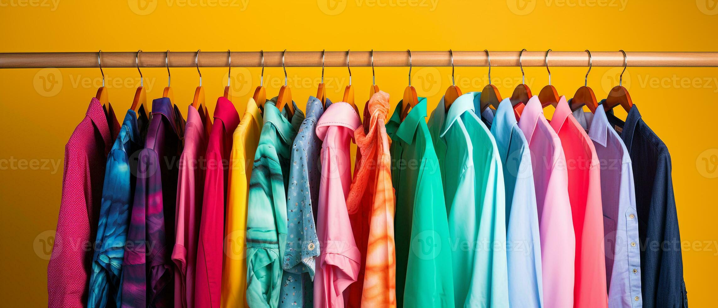 Various colorful clothes on hanger AI generative photo