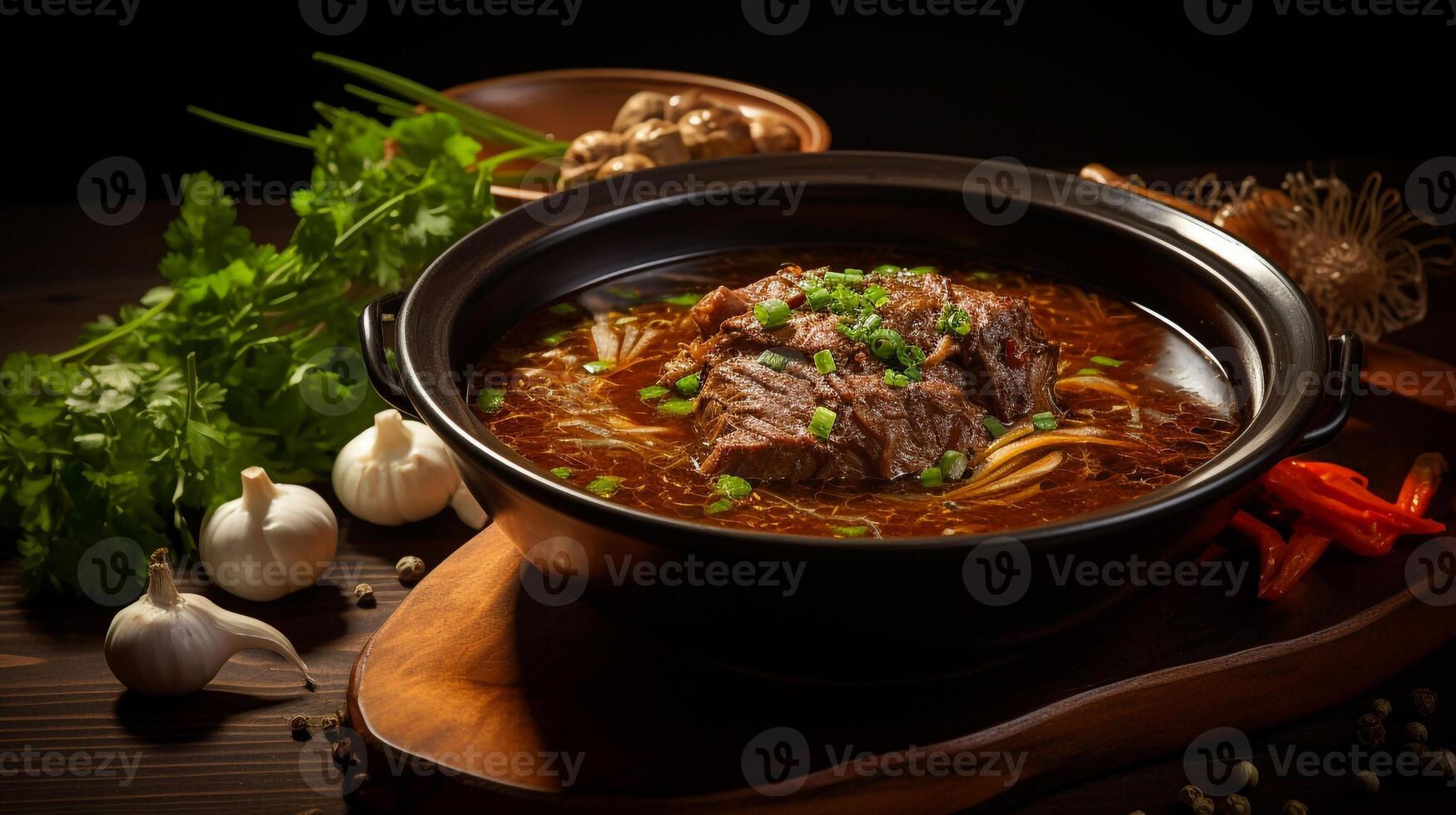 A bowl of oxtail soup on black background photo