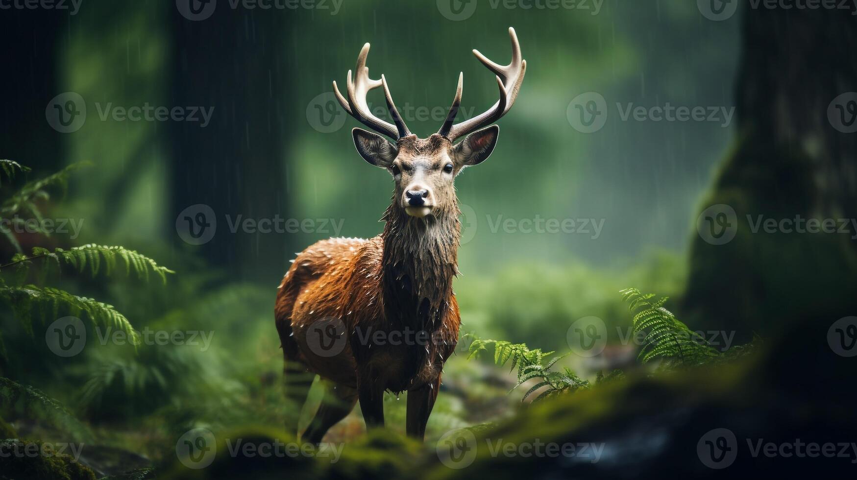 Photo background of wildlife in rainy forest AI generative