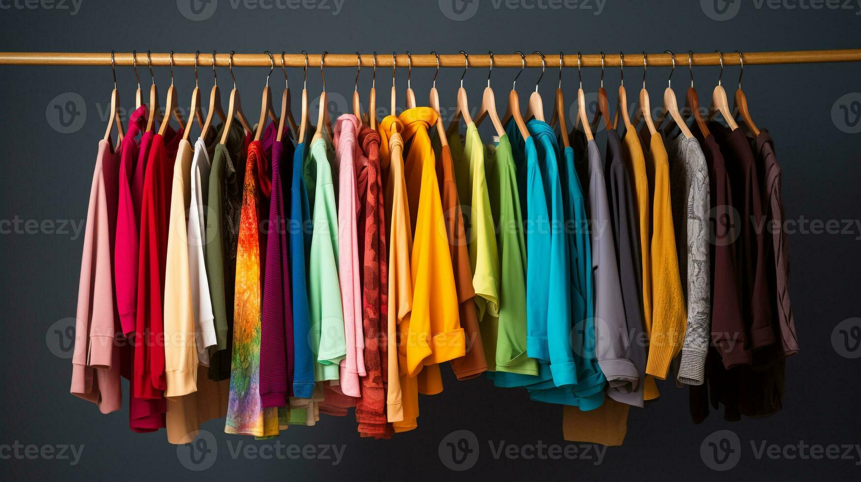 Various colorful clothes on hanger AI generative photo