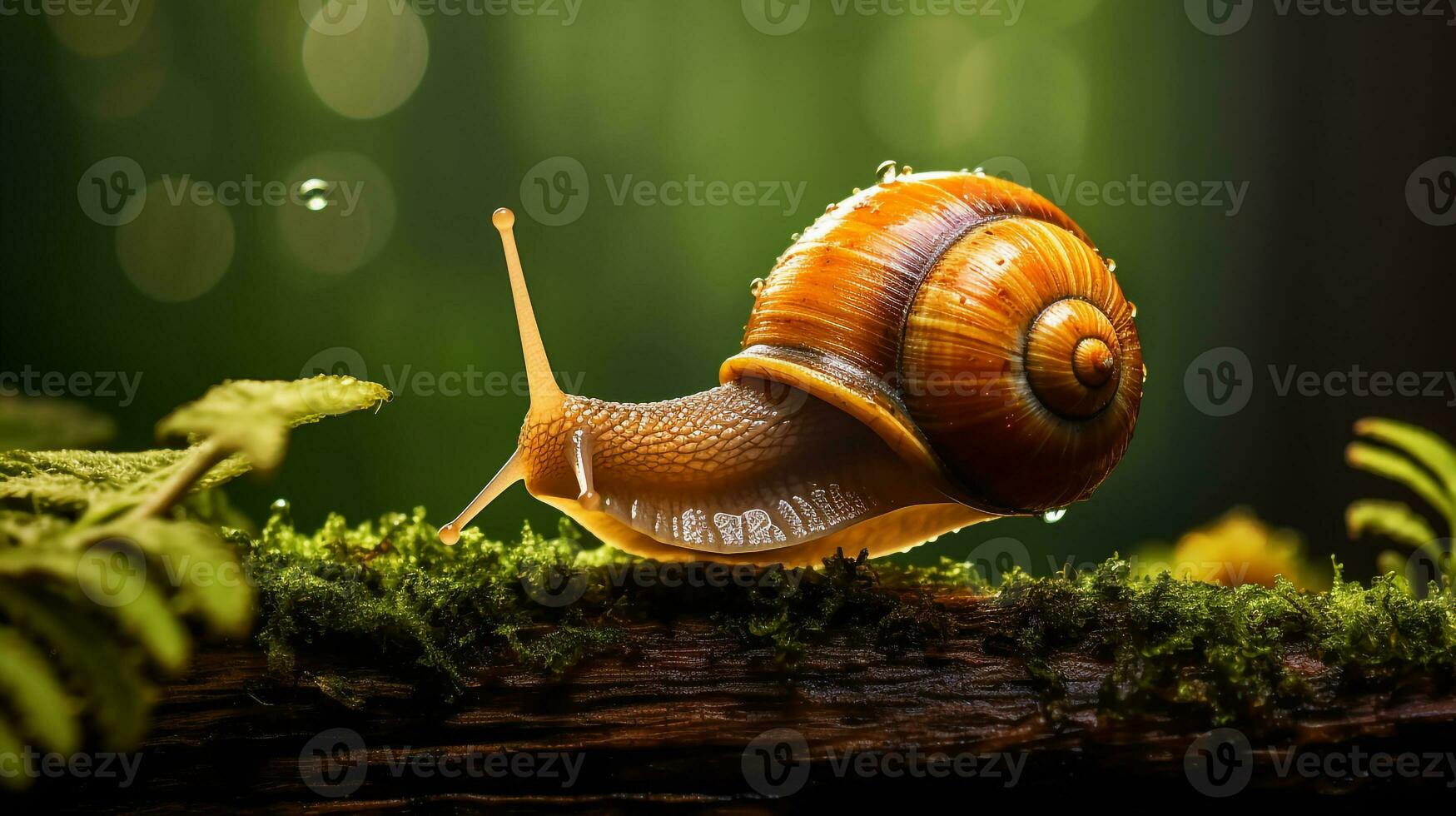 Macro photo of snail on mossy wood in rainy forest AI generative